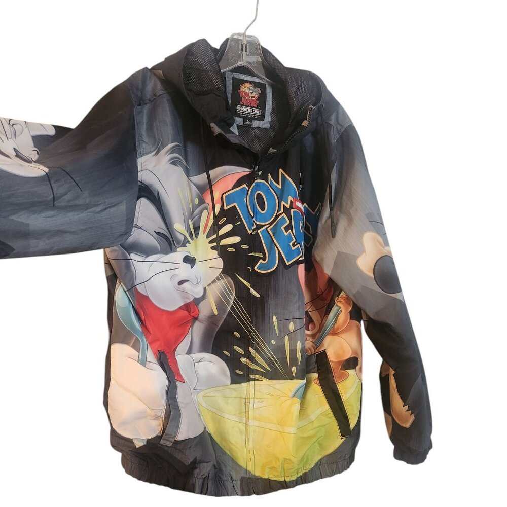Members Only Tom & Jerry Hooded Windbreaker Jacket Mens Sz L Black Graphic Print